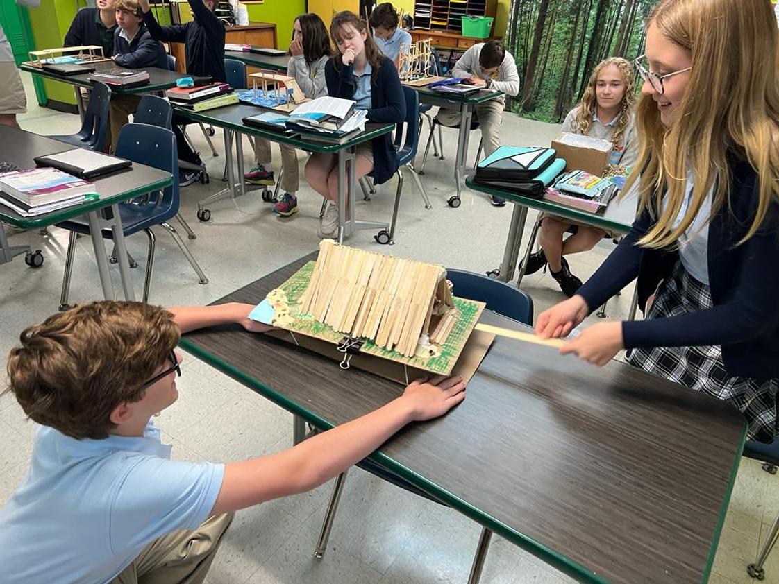 Bishop Flaget School Photo - Middle school students test the effectiveness of their structures in an earthquake.