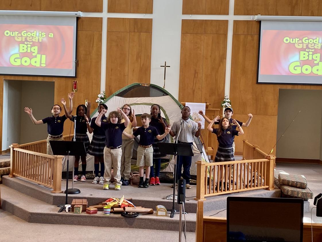 Immanuel Lutheran School Photo - Worship, praise, prayer and song are all a part of our school chapel services every Wednesday. 3rd graders share the song Great Big God!