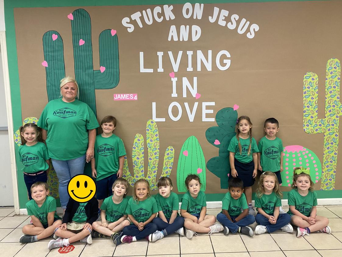 Kaufman Christian School Photo - Pre-K in this year's spirit shirt and underneath this year's theme, "Living in Love."