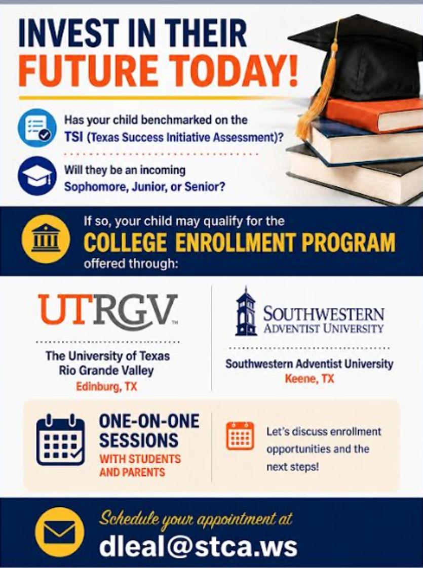 South Texas Christian Academy Photo - South Texas Christian Academy provides college enrollment opportunities for students in grades 1012 through partnerships with UTRGV and Southwestern Adventist University (SWAU). These programs allow students to earn college credit while completing high school, preparing them for future academic success. STCA supports students with advanced learning opportunities, strong guidance, and a faith-based education that encourages lifelong achievement.