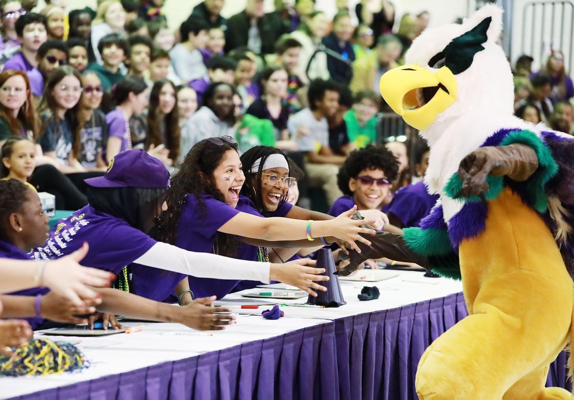 Westminster School Photo #1 - Grizzy makes an appearance at our annual Pep Rally, exciting his many fans in the crowd!