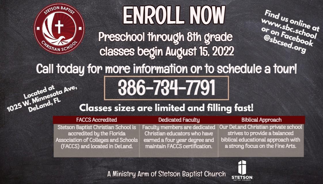 Stetson Baptist Christian School Photo #1 - We would love for you to consider joining our SBCS family! Open enrollment is now ongoing! Contact us for more information info@sbcsed.org